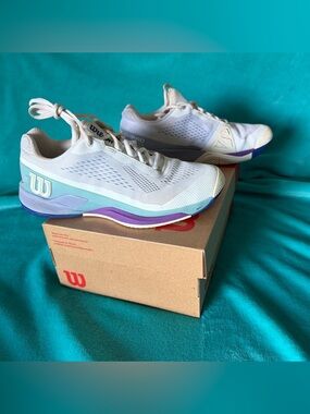Wilson Women's White Tennis Pro Rush Shoes with Teal/Purple Accents - Size 6.5